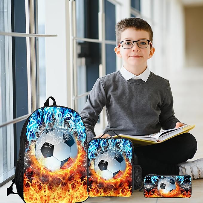 3PCS Soccer Backpack Set for Boys, Lightweight Large Backpack with Lunch Box & Pencil Case, Cool Sport Bookbag for Kids, Back to School Backpacks for Elementary & Middle School - 01