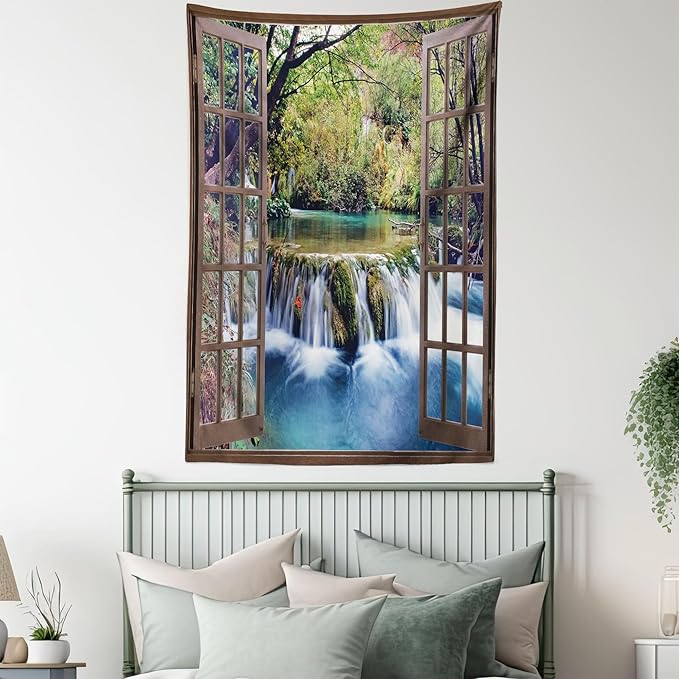 Ambesonne Waterfall Tapestry Twin Size, Wide Waterfall Deep down in the Forest Seen from a City Window Epic Surreal Print, Wall Hanging Bedspread Bed Cover Wall Decor, 68" X 88", Brown Black