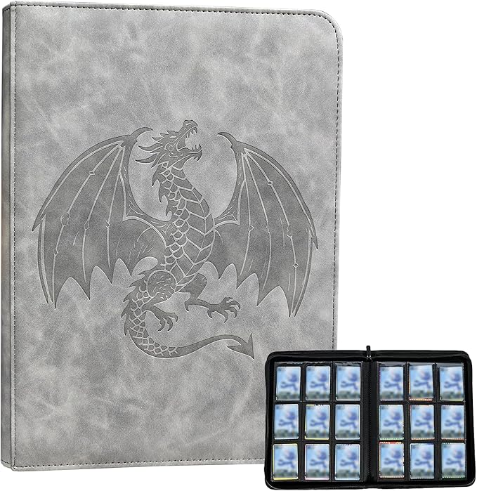Tranding Card Binder, Premium 9-Pocket Album with 540 Fixed Side-Loading Pockets, PU Waterproof, Embossed Dragon Cover, Gray Holder for Game, Sports, Business, and Coupon Cards