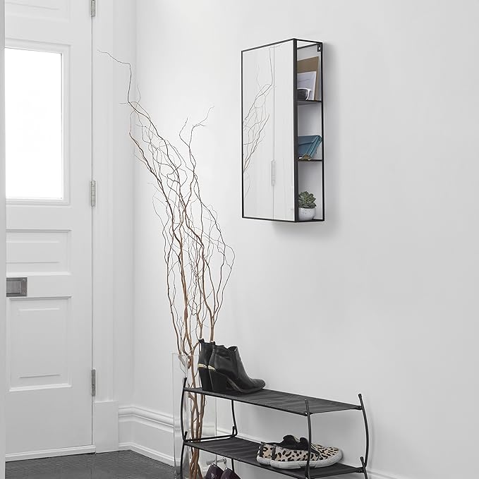 Umbra Cubiko 24x12" Rectangular Black Metal Bathroom Mirror Storage Cabinet with 3 Shelves