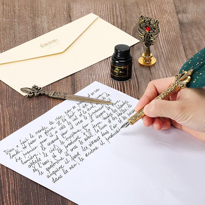 Quill Pen and Ink Set - Feather Calligraphy Dip Pen with Wax Seal Stamp Kit and 5 Nibs (Dark Green)