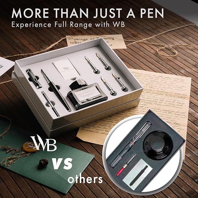 Wordsworth & Black Fountain Pen Gift Set, Includes Ink Bottle, 6 Ink Cartridges & A Refill Converter, 4 Replacement Nibs, Premium Package, Journaling, Calligraphy, Smooth Writing Pens [Black Chrome]