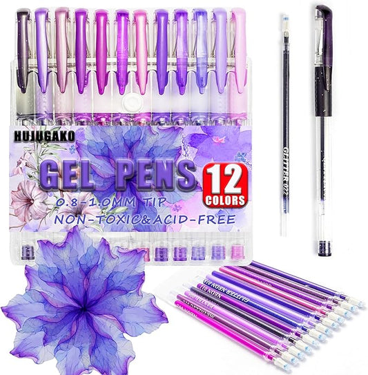 24 Pack Purple Gel Pens, 12 Colored Gel Pen with 12 Refills,40% More Ink Write Smooth for Adults Coloring Books Drawing Doodling Scrapbooks Bullet Journaling