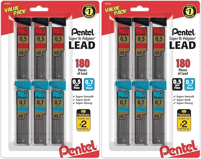 Pentel Super Hi-Polymer Lead Refills Value Pack (C257BPHB6), original version, 0.5/0.7mm- Pack of 2