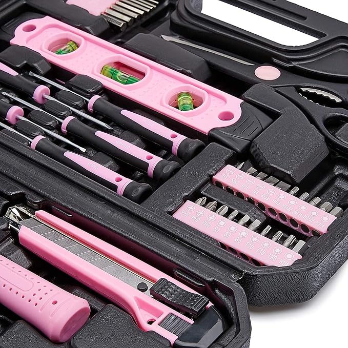 Amazon Basics 142-Piece Household Tool Kit for Home Repair,Hand Tools with Storage Case,13.39 x 9.25 x 2.95 inch,Pink,(Pack of 4)