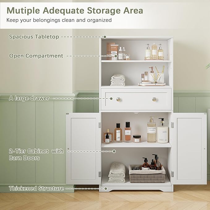 VECELO Bathroom Floor Storage Cabinet with Drawer, Freestanding Storage Unit with Adjustable Shelves, Open Compartments, for Bathroom, Living Room, Kitchen, White