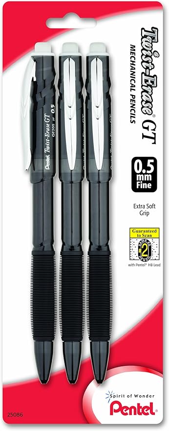 Pentel Twist-Erase GT (0.5mm) Mechanical Pencil, Assorted Barrel Colors, Color May Vary, Pack of 3 (QE205BP3M)