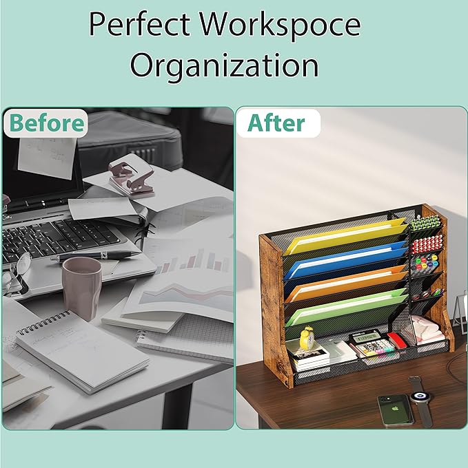 Wall Desk File Organizer 5 Tiers, Ironwood Hanging File Organizer with R-shaped Tray, Wall File Holder for Office Home, 4 Pull-Out Divider and Pen Slots to Sort File,Mail,Newspaper,Pen, Brown