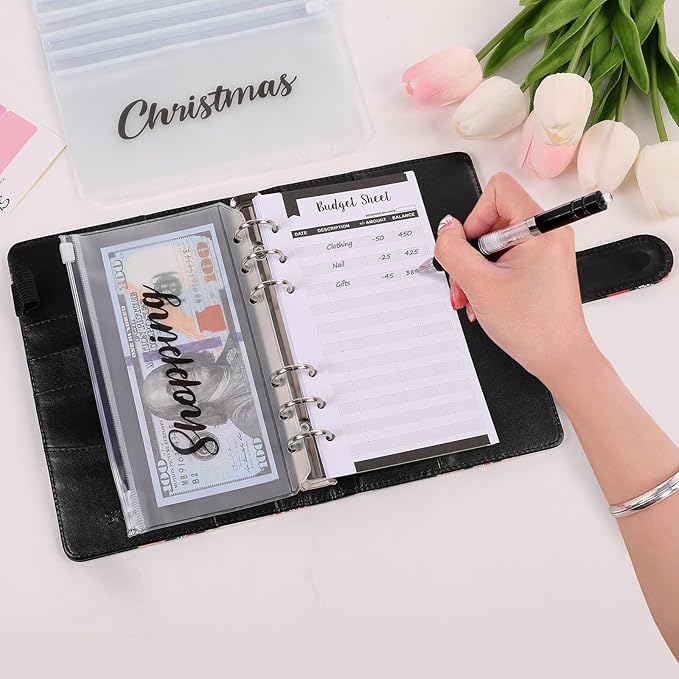 SKYDUE Budget Binder with 8Pcs Cash Envelopes, 12Pcs Expense Budget Sheets, 2Pcs Challenge Trackers, and Category Labels - Budget Binder & Challenges Book Combo for Saving Money