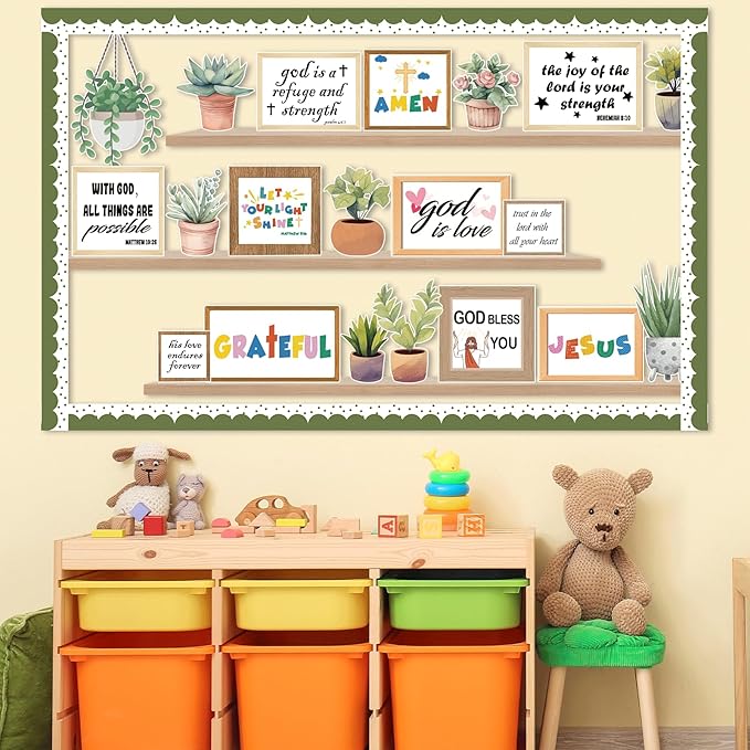 Christian Plant Inspirational Bulletin Board Set Spring Jesus Bible Verse Bulletin Board Sunday Back to School Potted Motivational Cutouts Greenery Religious for Classroom Chalkboard Wall Door Decor