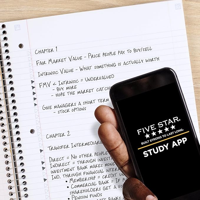 Five Star Spiral Notebook + Study App, 3 Subject, College Ruled Paper, Fights Ink Bleed, Water Resistant Cover, 8-1/2" x 11", 150 Sheets, Black (72069)