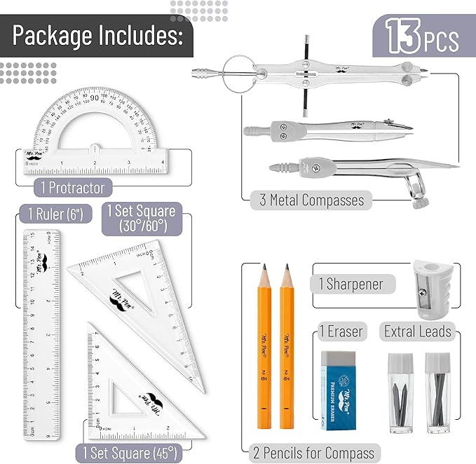 Mr. Pen- Geometry Set, 13 pcs, Compass for Geometry Compass, Geometry Kit Set with Shatterproof Storage Box, Math Compass, Geometry Set for School, Compass Math, Protractor and Compass Set, Grey