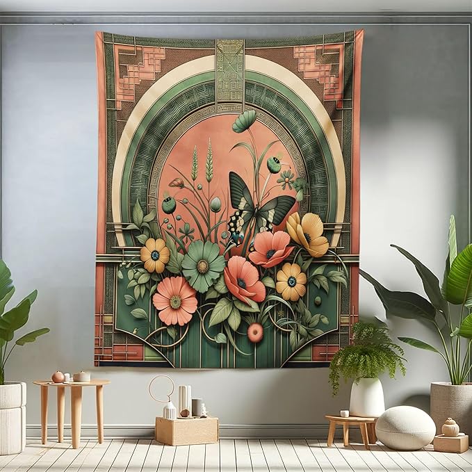 Ambesonne Boho Tapestry Twin Size, Traditional Japanese Ornaments with Floral Balcony with Butterfly Spring, Wall Hanging Bedspread Bed Cover Wall Decor, 68" X 88", Dark Salmon Laurel Green