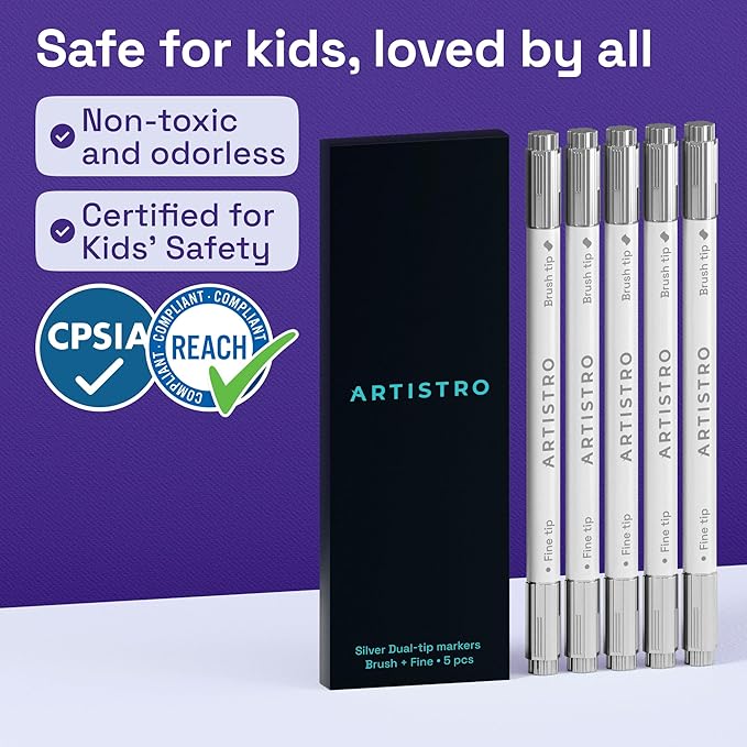 ARTISTRO 5 Silver Acrylic Paint Markers - Paint Pens for Calligraphy, Brush + Fine Tips - For Fabric, Rock, Glass, Wood, DIY, Craft, Canvas - Art and Craft Supplies for Adults, Teens, Kids