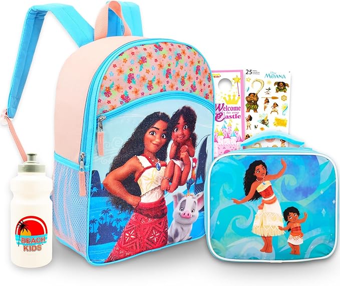 Disney Moana Backpack and Lunch Set for Girls - Bundle with 16” School Bag, Lunch Box, Stickers, and More | Moana Backpack for Kids, Girls, Toddlers