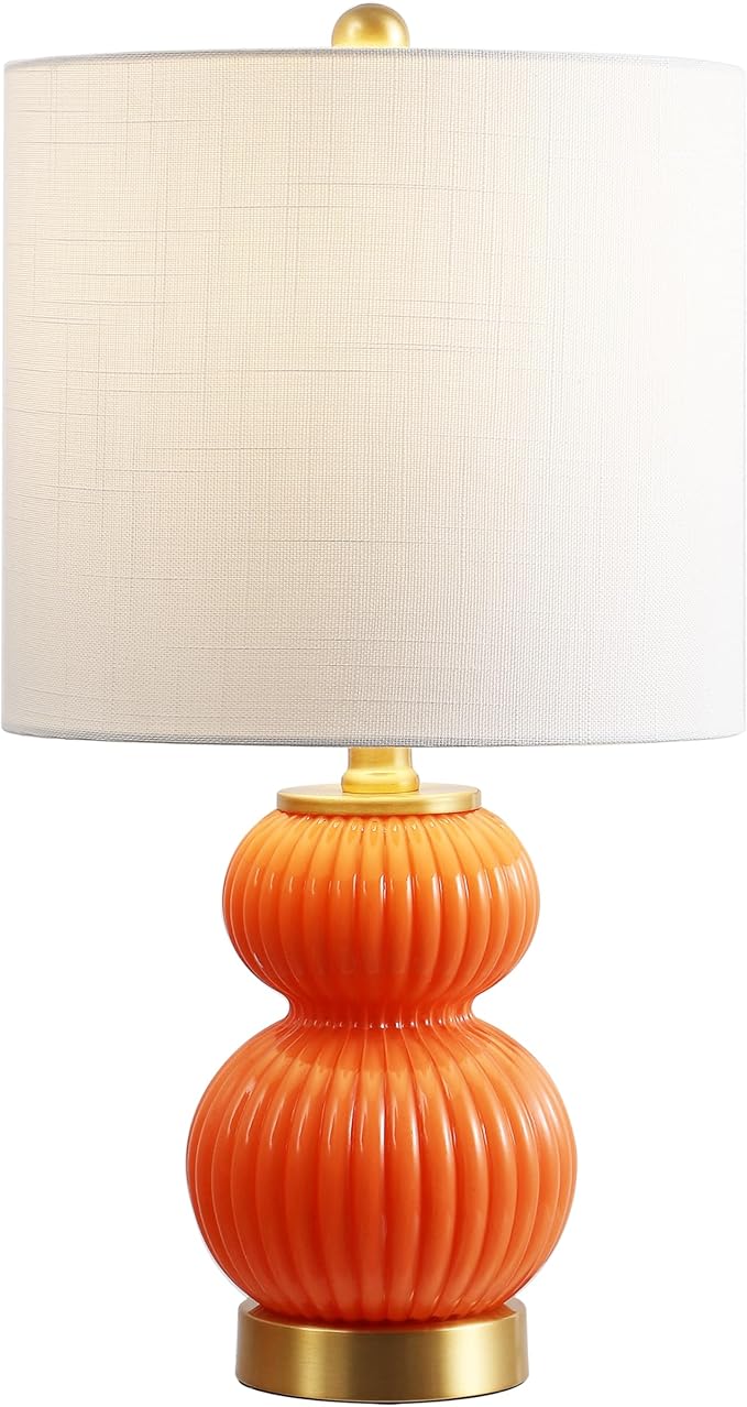 JONATHAN Y 20" Orange/Brass Gold Ribbed Gourd Glass Table Lamp, Modern Bedside Lamp for Bedroom Living Room, White Linen Drum Shade, LED Bulb Included (JYL1099E)