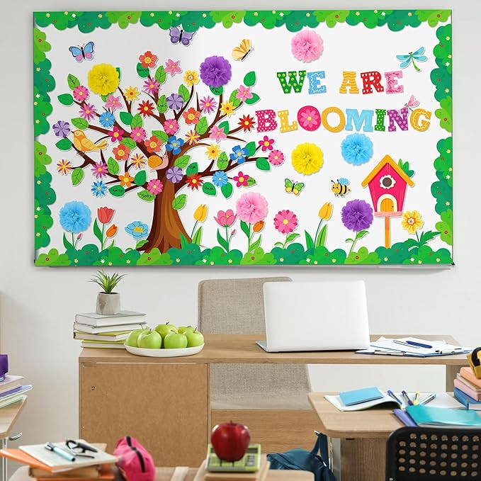 Aneco Spring Bulletin Board Decorations with 3D Paper Flowers Classroom Tree Border Trim We are Blooming Classroom Decoration Cutouts for School Home Wall Decor Supplies