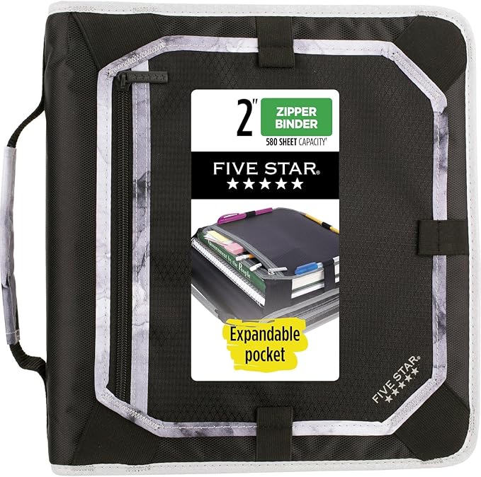 Five Star Zipper Binder, 2 Inch 3-Ring Binder with Round Rings, Expansion Panel and 5-Tab Expanding File, 580 Sheet Capacity, Black (29052IT8)