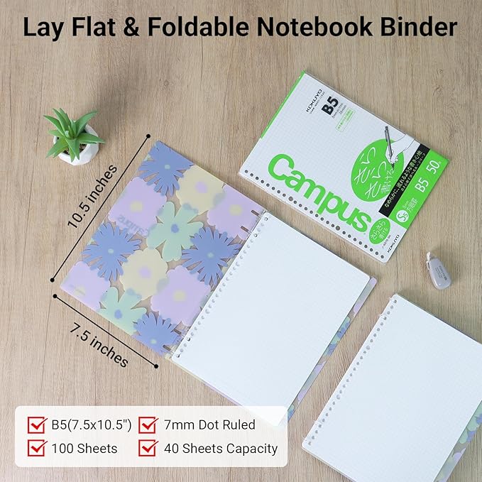 KOKUYO SOU SOU 2x2 Spiral Binder Notebook, B5 Refillable Binders with 50 Sheets 5x5 Graph Loose leaf Paper. Pre-Packed 10 Sheets in 8mm Ruled, Notebooks for School & Work