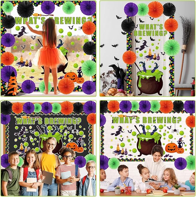 3D 98Pcs Halloween Bulletin Board Set Halloween Theme Classroom Decorations Witch Cauldron Paper Cutouts Colorful Hanging Paper Fan for Classroom School Chalkboard Home Wall Decor Supplies