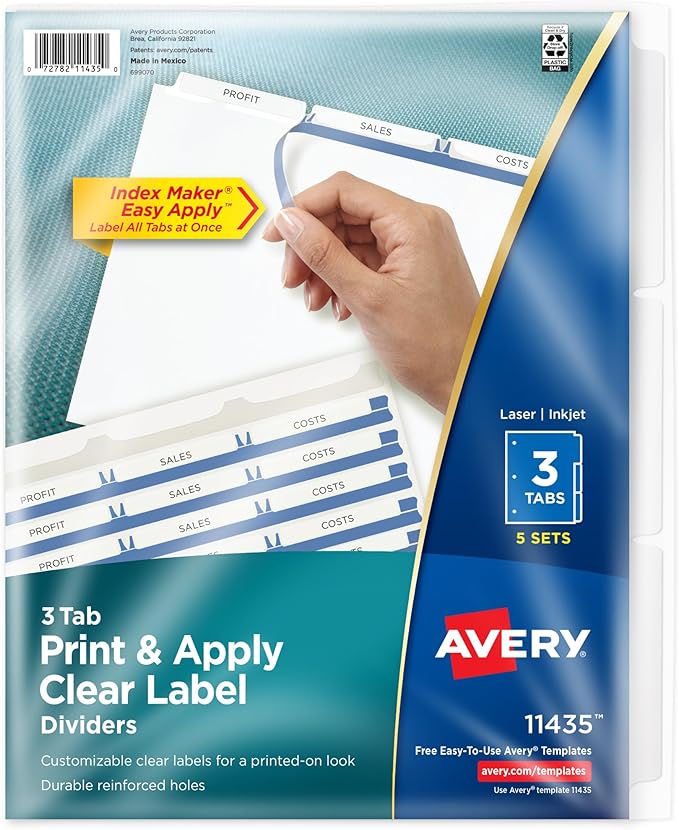 Avery 3-Tab Dividers for 3 Ring Binder, Easy Print & Apply Clear Label Strip, Index Maker Customizable White Tabs, 5 Sets (11435)