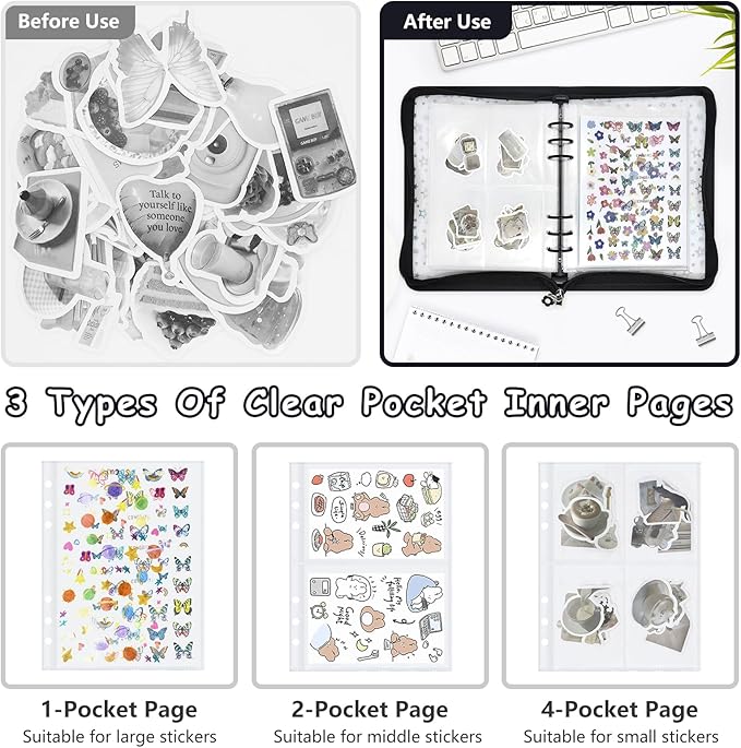 Sticker Storage Organizer Binder A5 Sticker Collecting Book Reusable Zipper Album with Clear Laser Star Cover and Pocket Pages (Black)