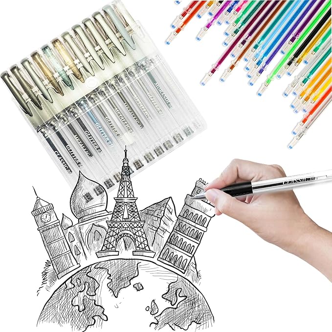 24 Pack Black Grey Gel Pens, 12 Colored Gel Pen with 12 Refills,40% More Ink Write Smooth for Adults Coloring Books Drawing Doodling Scrapbooks Bullet Journaling