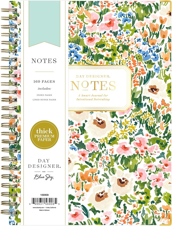 Blue Sky Day Designer Hard Cover Notebook, 5.75" x 8.5" Undated Journal, 160 Lined & Perforated Pages, Includes Index Pages, Gold Durable Twin Wire Binding, For Office and School, Ashley Cottage