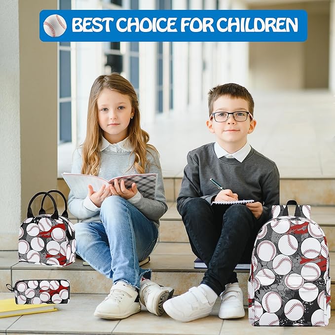 Baseball 3PCS Backpack for Boys Girls, Kids Back to School Backpack Sets with Lunch Bag Pencil Case, 17 Inch Lightweight Bookpack 3 in 1 Set for Teens Elementary Middle High School Students