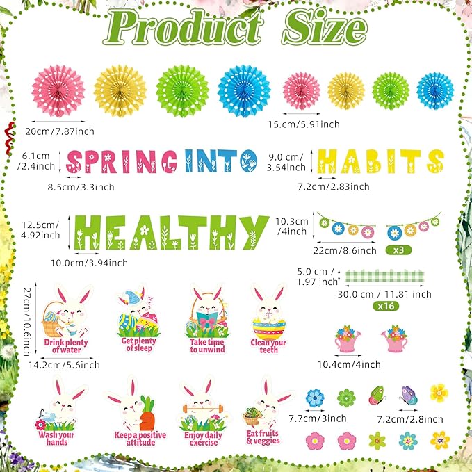 Spring Health Bulletin Board Decorations Spring into Healthy Habits Classroom Bulletin Board Set with 3D Paper Fans Easter Bunny Health Cutouts for School Home Door Wall Chalkboard Decor