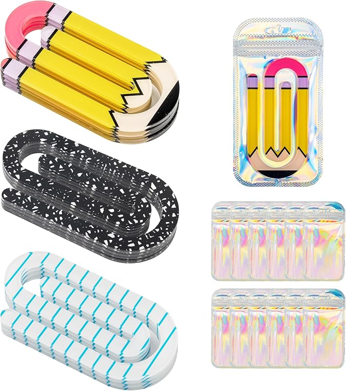 24 Pack Jumbo Acrylic Paper Clips, 4" X 2" 12Pcs Teacher Paper Clips with 12Pcs Gift Bags Personalized Paperclips Bookmark for Home Office Back to School Supplies (Pencil,Notebook,Eraser)