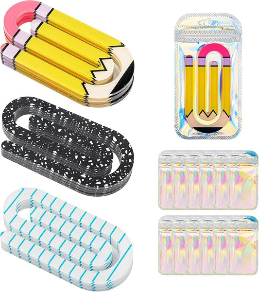 24 Pack Jumbo Acrylic Paper Clips, 4" X 2" 12Pcs Teacher Paper Clips with 12Pcs Gift Bags Personalized Paperclips Bookmark for Home Office Back to School Supplies (Pencil,Notebook,Eraser)