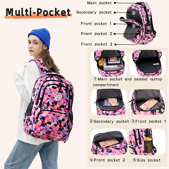 3Pcs Geometric Print Girls Boys Backpack Set for School Kids, Multi-Pocket Elementary School Backpack for Girls