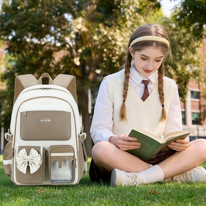 School Backpack for Girls 3PCS Nylon Kids Backpack Set with Lunch Box & Pencil Pouch, Cute Lightweight Teen Girls School Bag Laptop Bag Travel Daypack for Elementary Middle High School Beige Brown