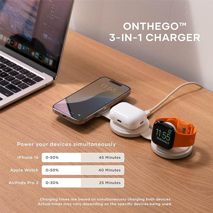 Satechi OntheGo™ 3 in 1 Wireless Charger, Qi2 Portable Charger with 15W Fast Charging for iPhone 17 to 12 Series, 5W for Apple Watch, and 5W for AirPods, Magnetic Travel Charging Station – Sand