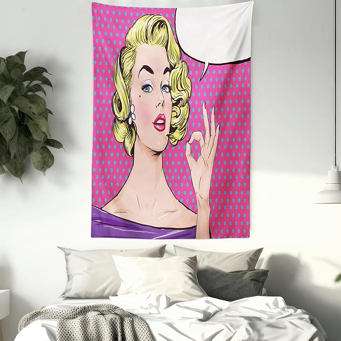 Ambesonne Vintage Tapestry Queen Size, Pop Art Blonde Woman Making OK Sign on Dotted Background Retro Comic Book Design, Wall Hanging Bedspread Bed Cover Wall Decor, 88" X 88", Pink Blue
