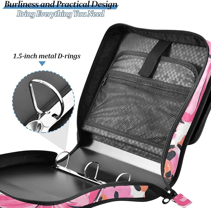 3 Ring Zipper Binder with Shoulder Strap Pink Bow Leopard Print 1.5 inch Binders Keeper Large Capacity Multi Pockets for School Office Supplies