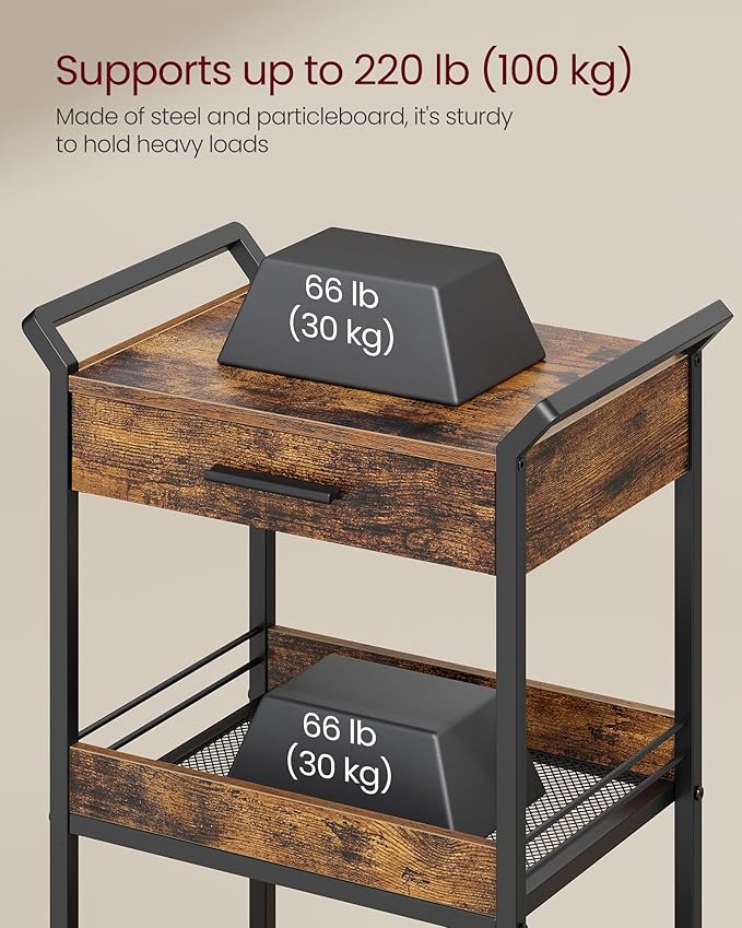 VASAGLE Storage Cart, 3-Tier Rolling Utility Cart with Table Top, Handles, 4 Lockable Casters, Top Drawer, Mesh Shelves, for Kitchen, Bathroom, Bedroom, Rustic Brown and Ink Black ULRC048K01
