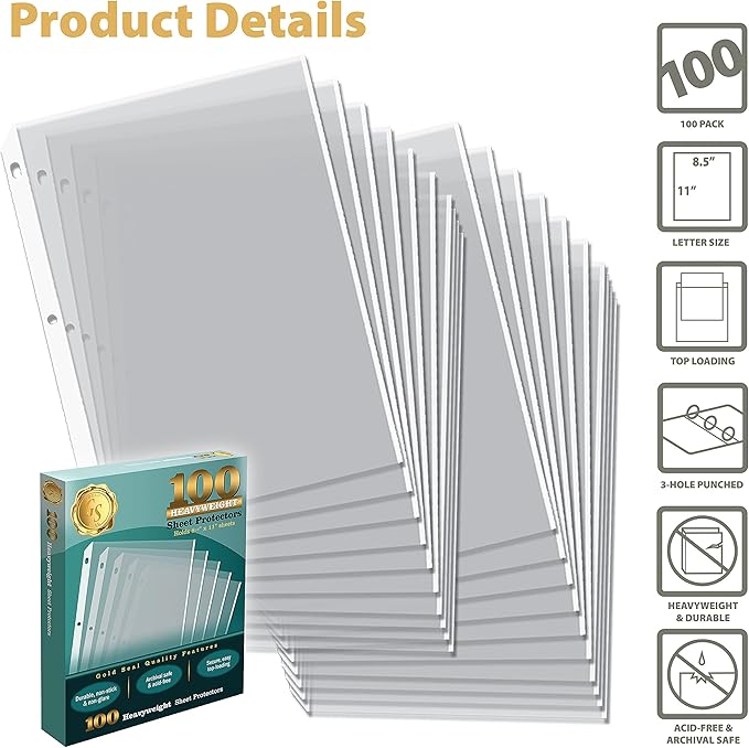 GOLD SEAL 100 Clear Heavyweight Poly Sheet Protectors, 8.5" x 11"