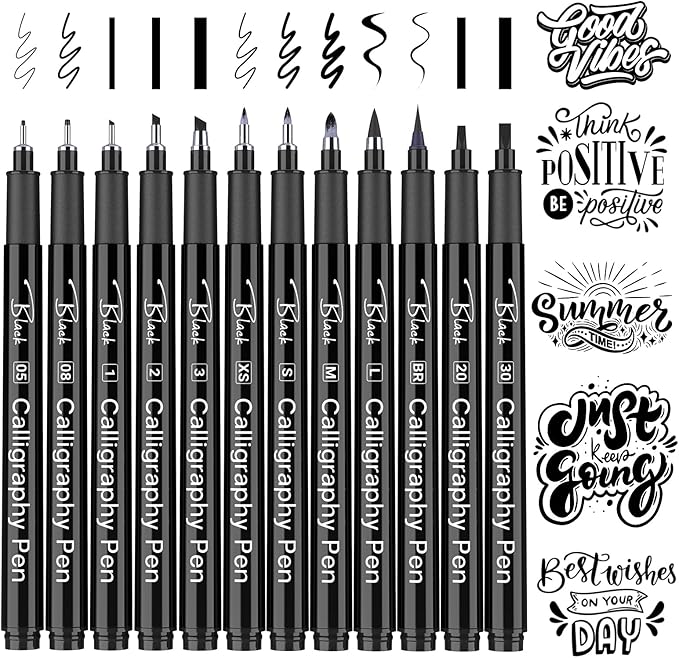 APOGO Calligraphy Pen Set for Beginners, 12 Size Calligraphys Pens for Writing, Hand Lettering Pens for Adults, Brush Pens for Art Drawing, Sketching, Scrapbooking, Journaling, Signing