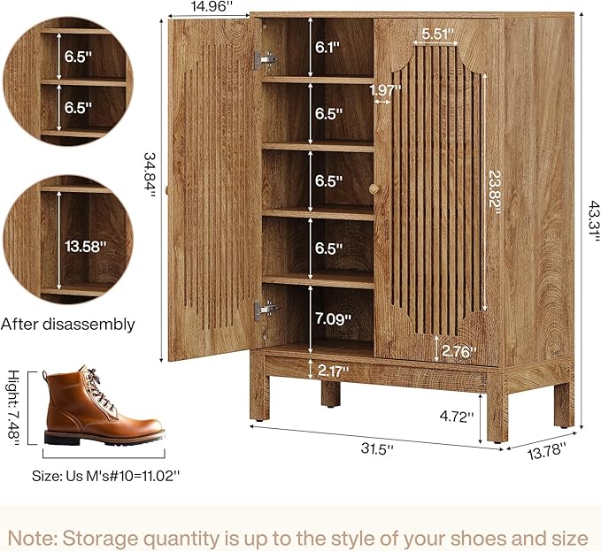 Tribesigns Shoe Cabinet with Doors, 5-Tier Shoe Storage Cabinet with Adjustable Shelves, 20 Pairs Wooden Shoe Rack Organizer, Tall Narrow Shoe Cabinet for Entryway, Hallway, Living Room, Rustic Brown