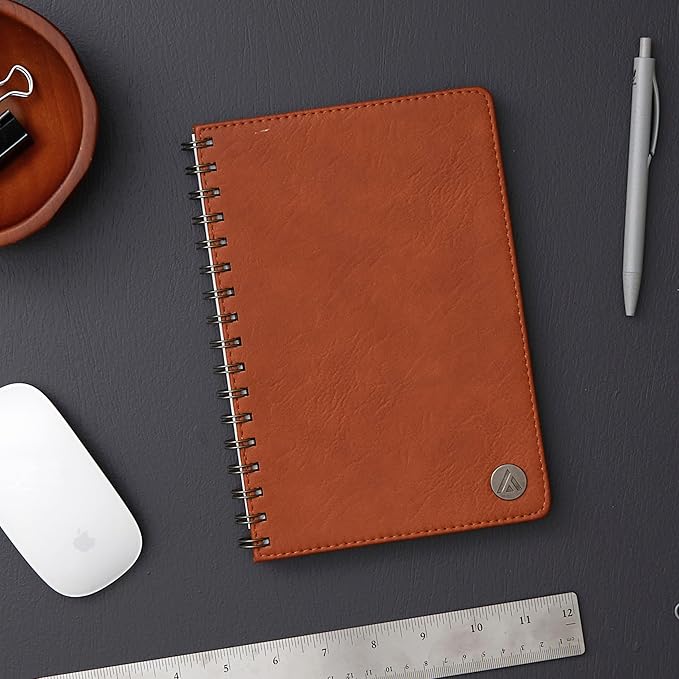 Blue Sky ASMBLD Undated Notebook, 160 Pages, 5.75" x 8.5", Safety Wirebound, Tan Faux Leather Cover, Lined Pages, Durable, Perfect for Office, Home, School, Journals