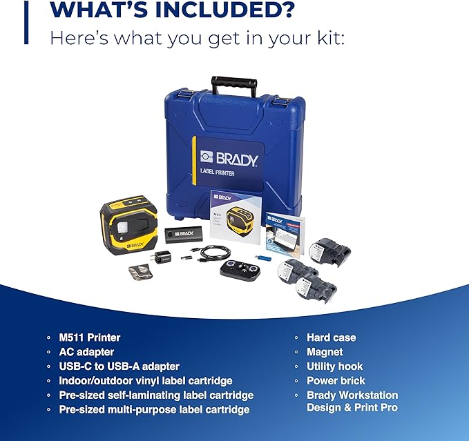 Brady M511 Portable Wireless Industrial Label Printer, Bluetooth Compatible, Comes with a Hard Case, Power Brick, 3 Label Cartridges, Magnet, Utility Hook and Brady Workstation Product/Wire Suite