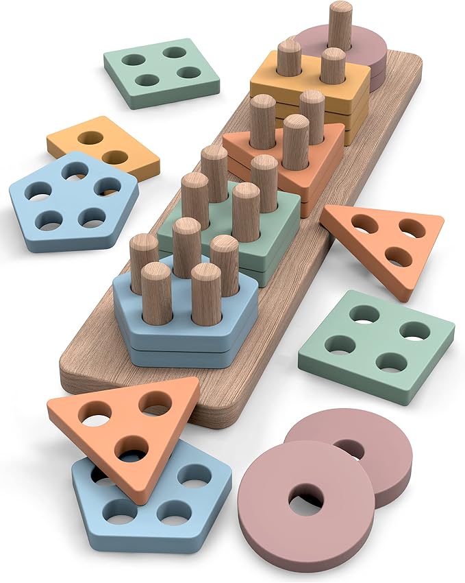 GOPO TOYS Montessori Toys for 1+ Year Old – Wooden Shape Sorter & Stacking Puzzle – Toddler Learning, Fine Motor Skills & Developmental Toy for Boys & Girls