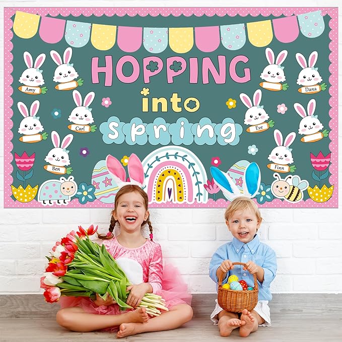 Easter Bunny Bulletin Board Set Hopping Into Spring Classroom Decor Easter Egg Flowers Rainbow Writable Rabbit Cutouts April Bulletin Board for Back to School Party Home Office Chalkboard Wall Decor