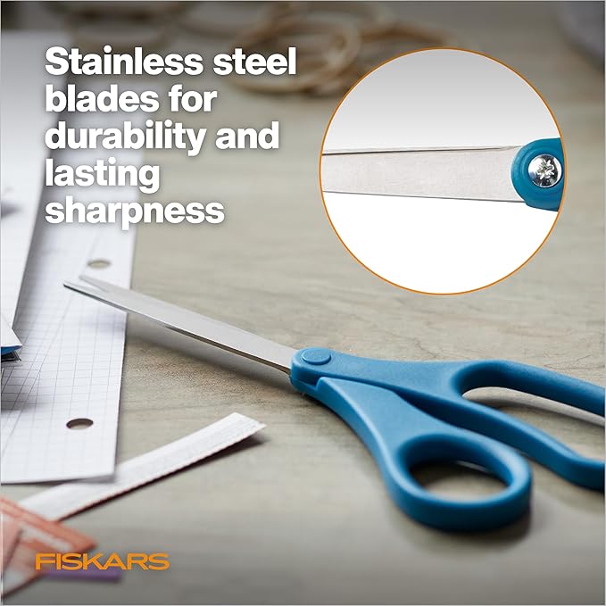 Fiskars 8" Scissors for Home & Office, Stainless Steel Scissors, All Purpose Cutting for Home, Arts & Crafts, Blue