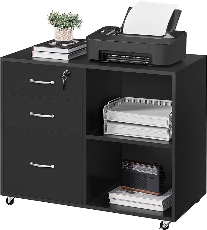 Yaheetech Black File Cabinet with Lock for Letter, A4 Size,3 Drawer Lateral Cabinet Printer Stand with Open Storage Compartments for Home Office, Black