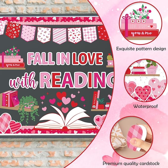 Valentine Bulletin Board Decorations - Valentine Reading Classroom Decorations, Heart Book Paper Cutouts Set for School Library, Valentines Day Chalkboard Office Wall Decor Supplies