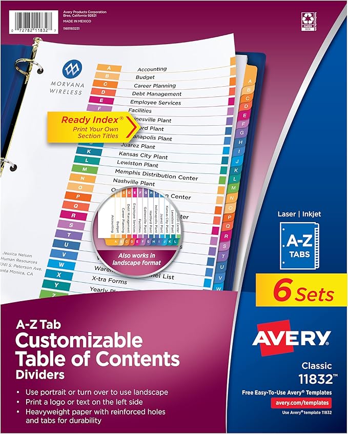 Avery A-Z Dividers for 3 Ring Binders, 26 Tabs per Set, Customizable Table of Contents, Multicolor Tabs, Great for Organizing Reports, Projects, and More (6 Sets of 11832)