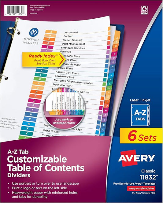 Avery A-Z Dividers for 3 Ring Binders, 26 Tabs per Set, Customizable Table of Contents, Multicolor Tabs, Great for Organizing Reports, Projects, and More (6 Sets of 11832)